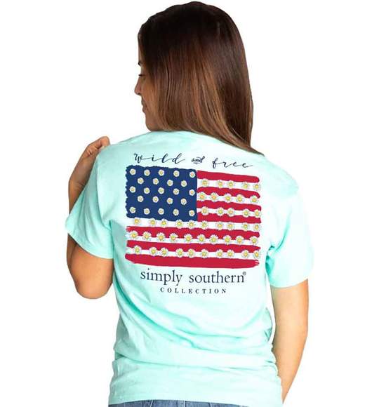 Simply Southern Women T-Shirt - USA Flag - Wild And Free - Surf Blue